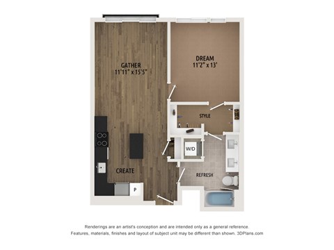 Floor plan for 1 bed, 1 bath, 686 sqft